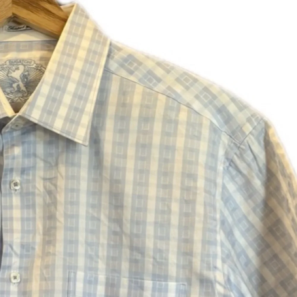 Bugatchi NWOT Shaped Fit Blue & White Stripes Short Sleeves Button Down Shirt L - Picture 3 of 9